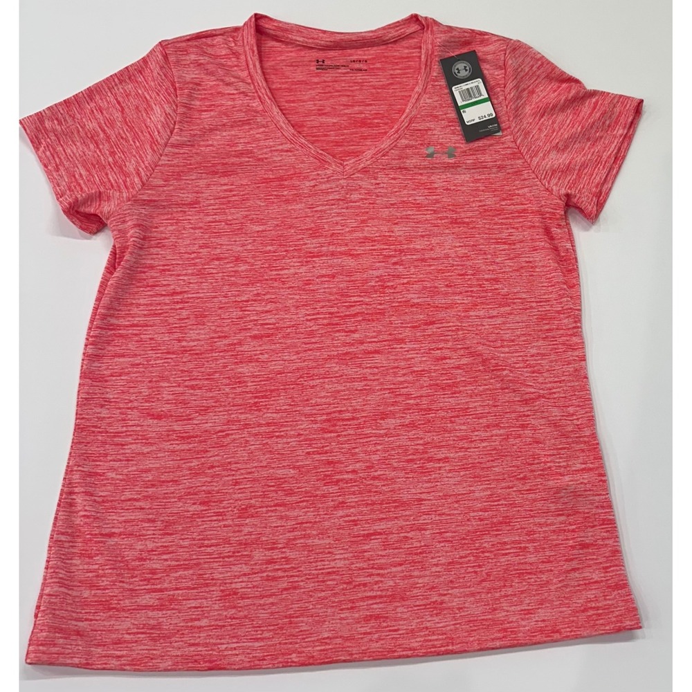 Under Armour Womens HeatGear V-Neck T-Shirt Pink Space Dye 1258568 Large NWT